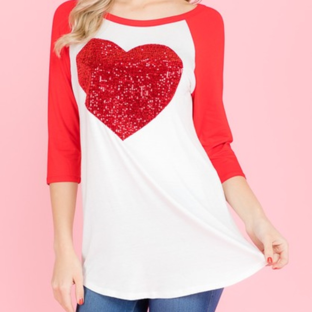 Nora Red Sequin Heart Baseball Tee